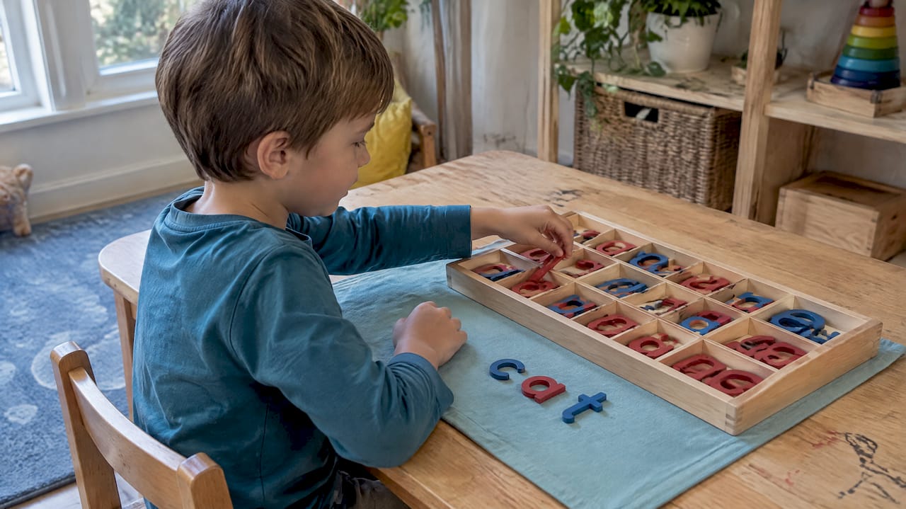 Child arranging Montessori movable alphabet letters