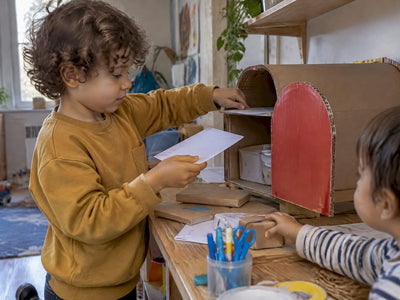 Children sorting pretend mail at play station