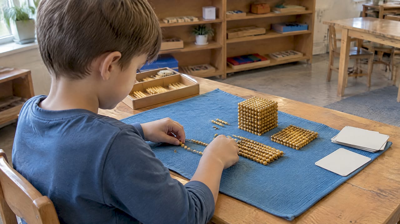 Child building numbers with Montessori golden beads