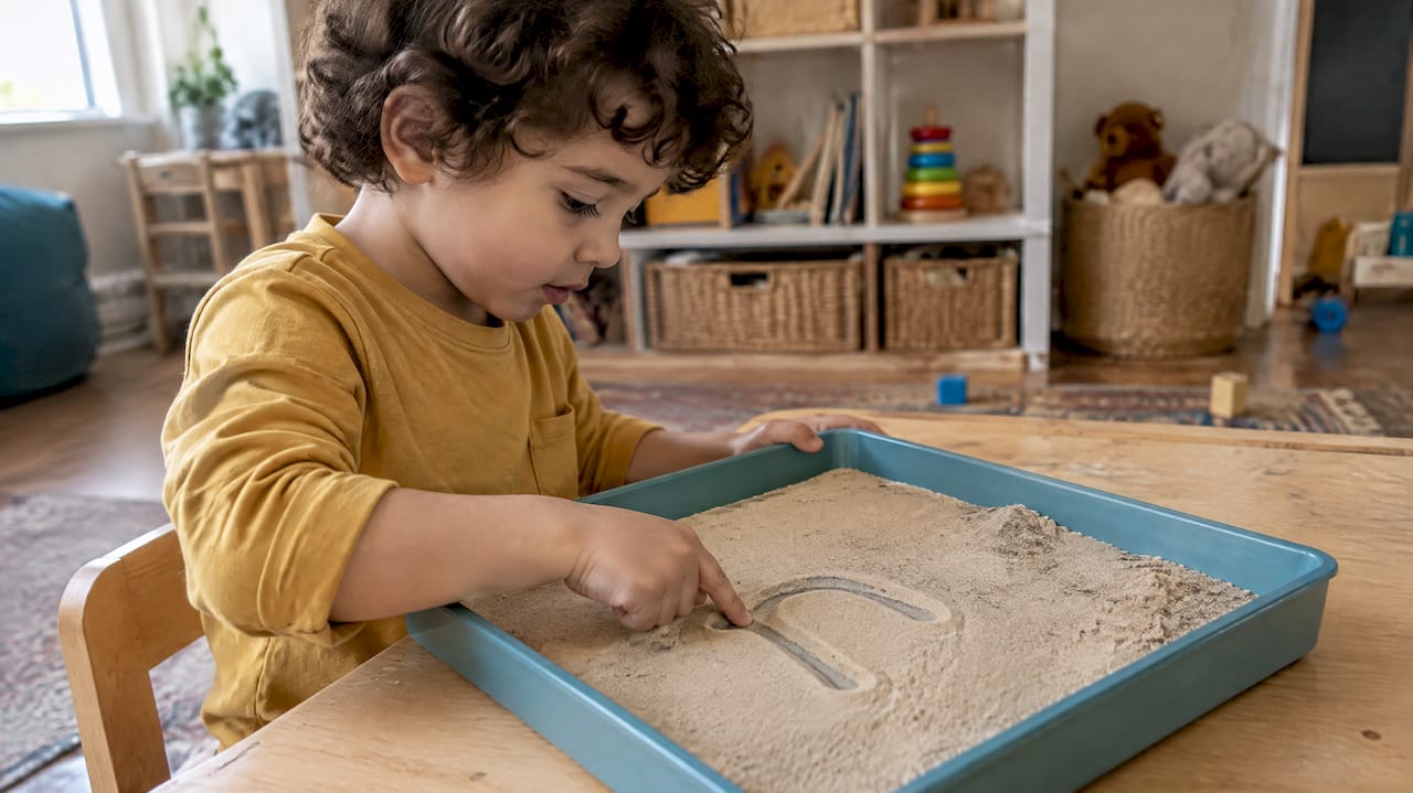 Preschool child tracing a letter in sand