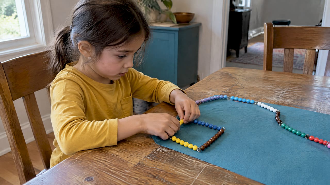 Child folds a colored bead chain into a square