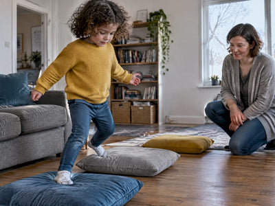 Child navigating a cushion course indoors