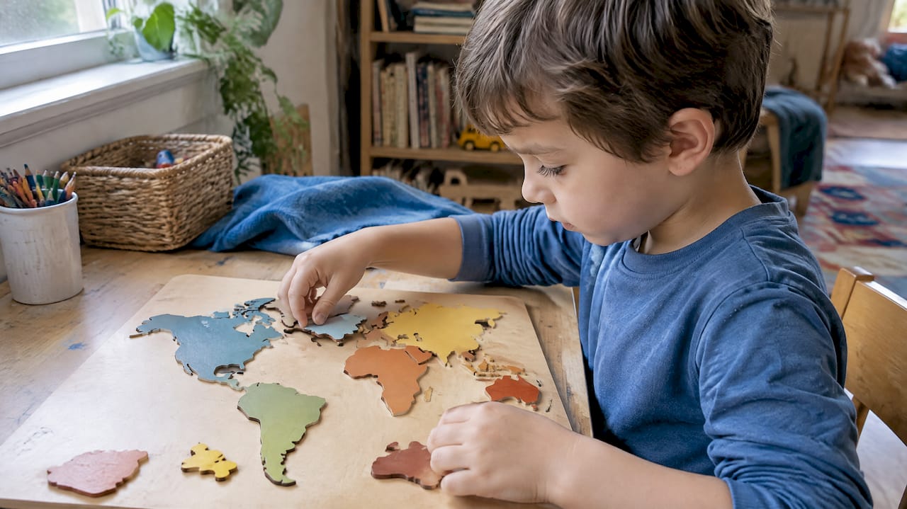 Child fitting a piece into a wooden map puzzle