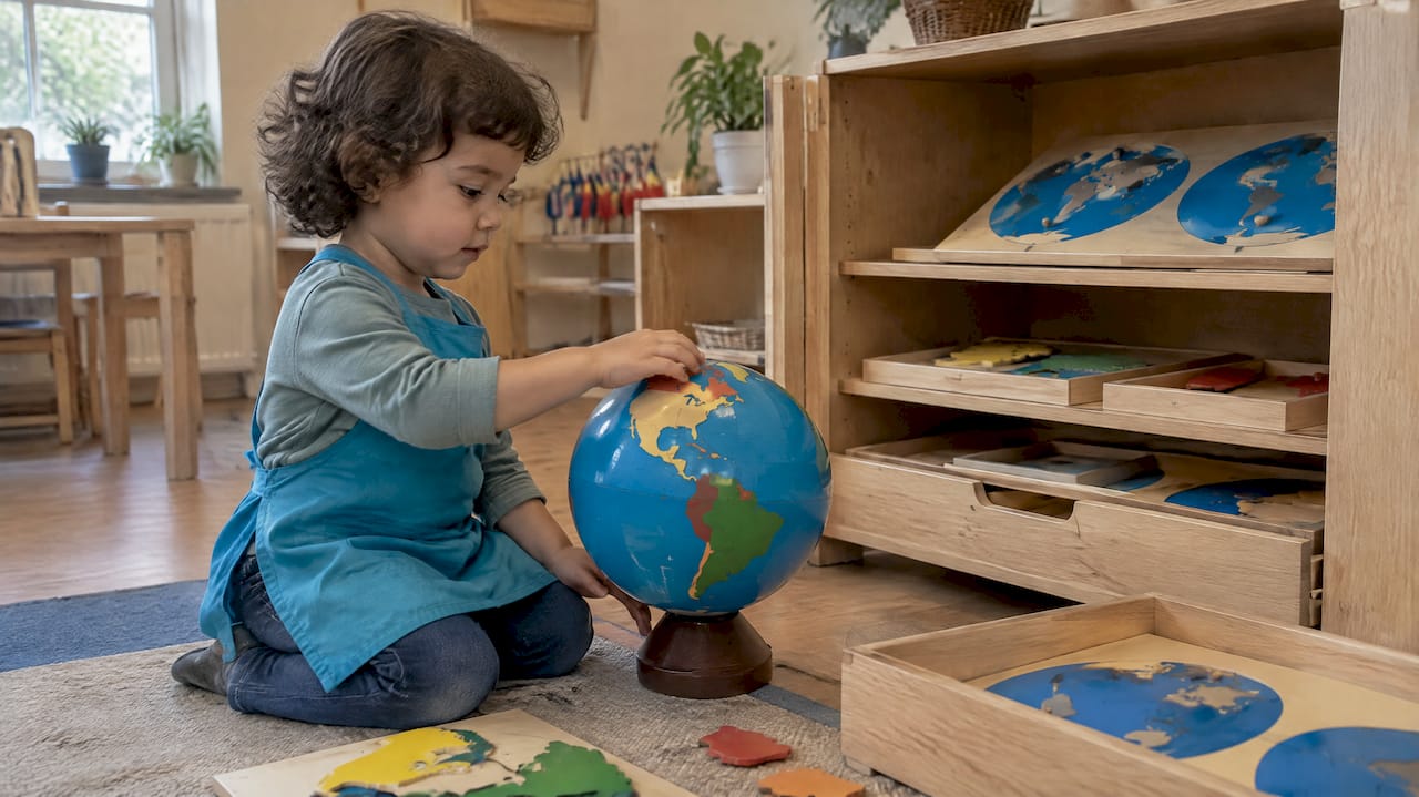Preschooler exploring a globe beside geography materials