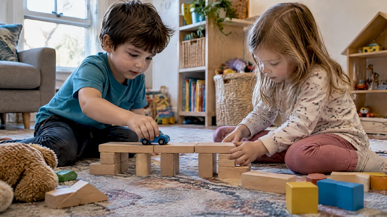 Children testing a block bridge with a toy car