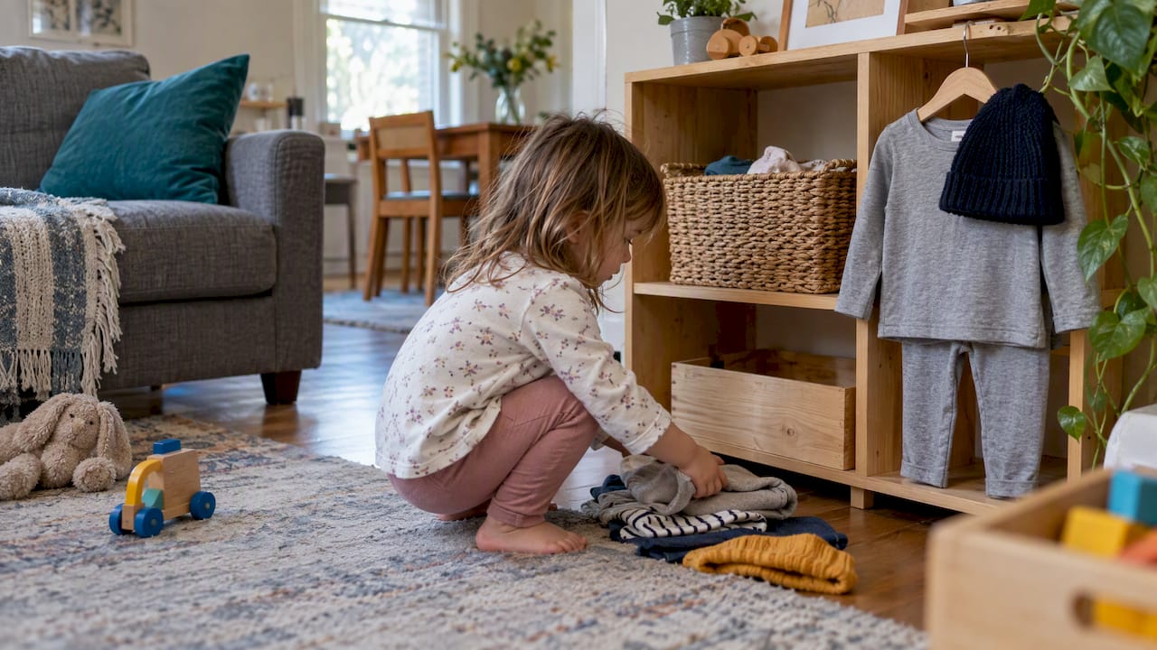 Toddler choosing a basket from a low shelf