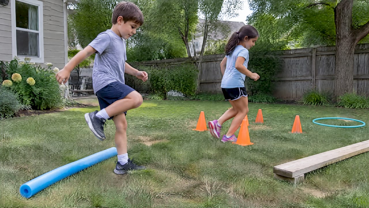 Children navigating a backyard obstacle course