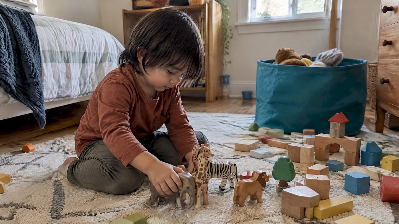 Child creating a story with blocks and wooden animals