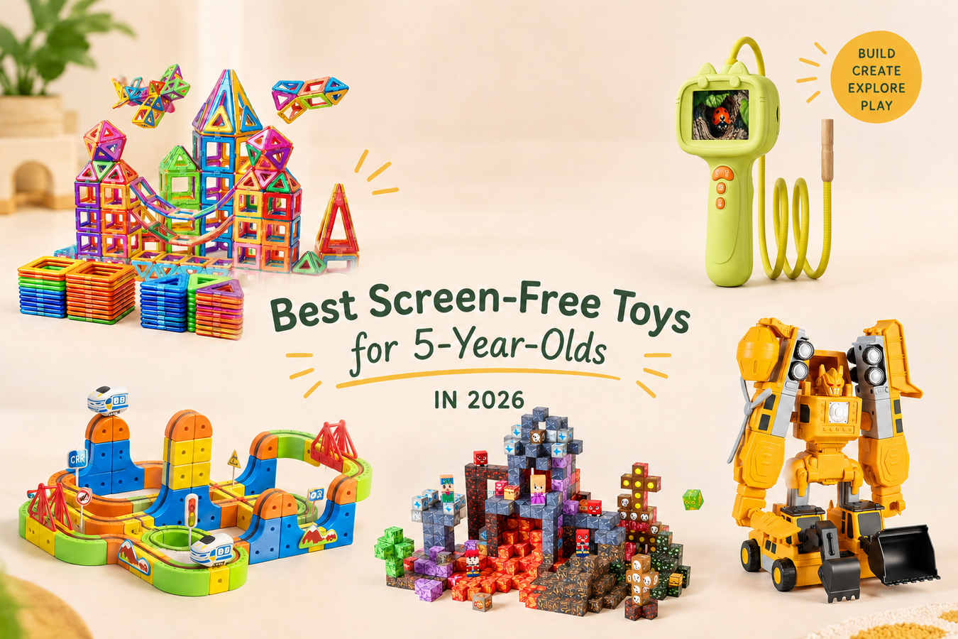 Best screen-free toys for 5-year-olds in 2026 including Infinity Racer, magnetic building tiles, MagnaBot Builders, Lava Dominion blocks and a kids digital microscope