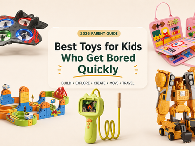 Best toys for kids who get bored quickly in 2026 featuring Infinity Racer, E72 RC drone, Kids Digital Microscope, MagnaBot Builders and Little Learners Montessori Busy Book.