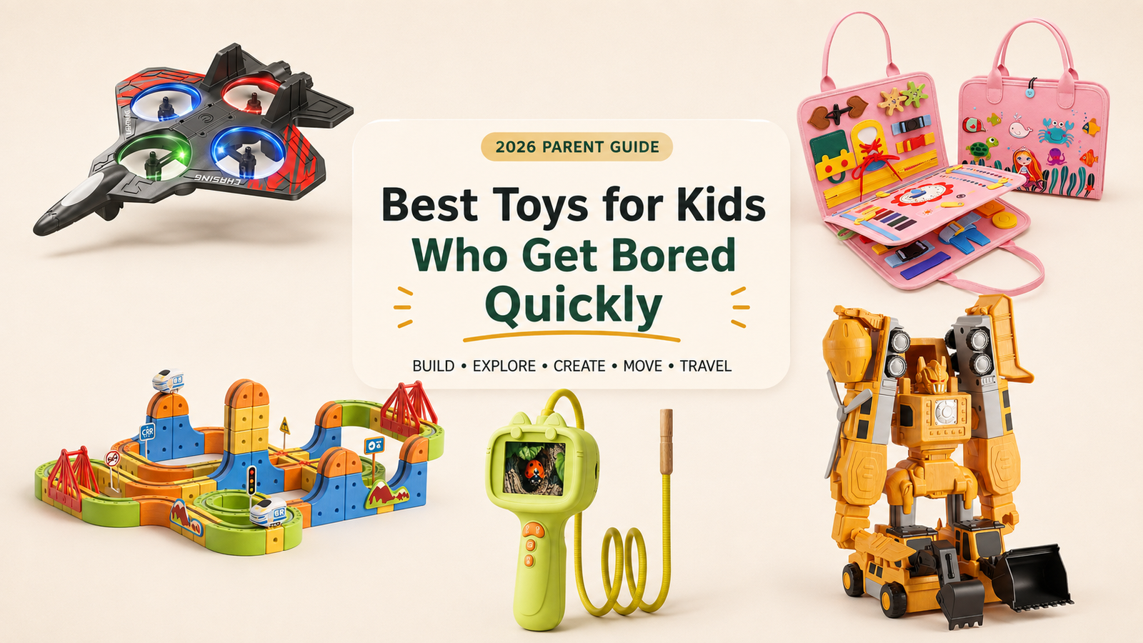 Best toys for kids who get bored quickly in 2026 featuring Infinity Racer, E72 RC drone, Kids Digital Microscope, MagnaBot Builders and Little Learners Montessori Busy Book.