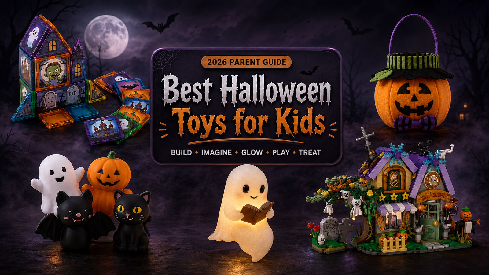 Best Halloween toys for kids in 2026 featuring magnetic blocks, Halloween building sets, plush toys, sensory toys and trick-or-treat gifts.