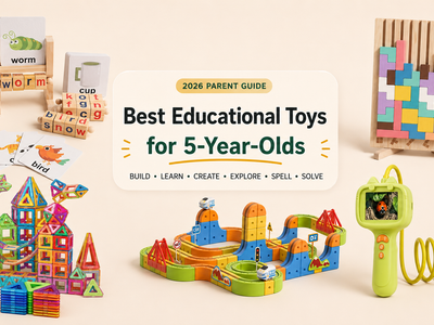 Best educational toys for 5-year-olds in 2026 featuring Infinity Racer Magnetic Train, Magnetic Magna Tiles, Kids Digital Microscope Camera, Montessori Wooden Tetris Toy and Montessori Wooden Spelling Game.