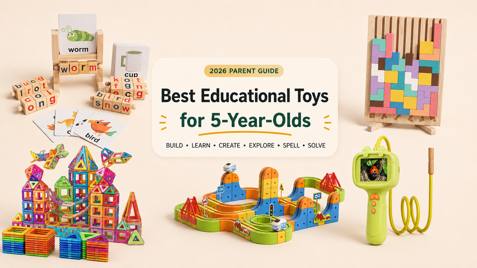 Best educational toys for 5-year-olds in 2026 featuring Infinity Racer Magnetic Train, Magnetic Magna Tiles, Kids Digital Microscope Camera, Montessori Wooden Tetris Toy and Montessori Wooden Spelling Game.