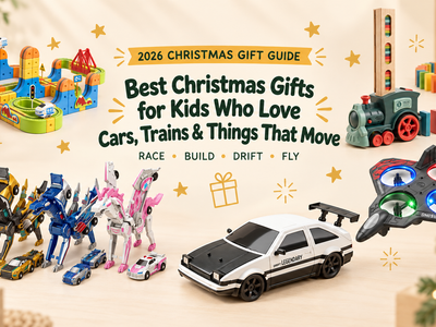 Best Christmas gifts for kids who love cars, trains and things that move in 2026 featuring train sets, RC cars, transforming vehicles and a flying toy.