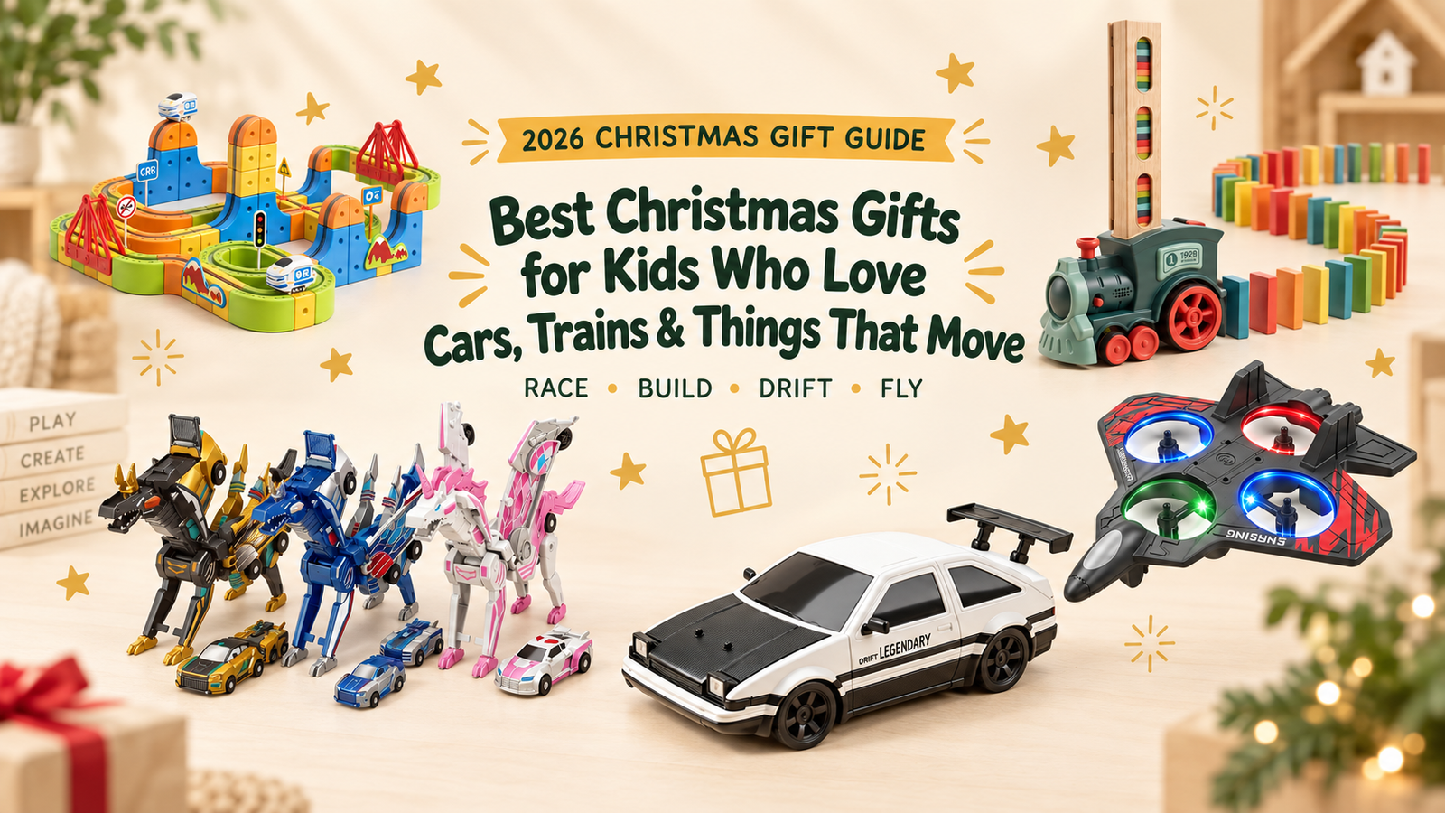 Best Christmas gifts for kids who love cars, trains and things that move in 2026 featuring train sets, RC cars, transforming vehicles and a flying toy.