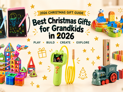 Best Christmas gifts for grandkids in 2026 featuring building toys, a kids microscope, magnetic tiles, drawing and train play