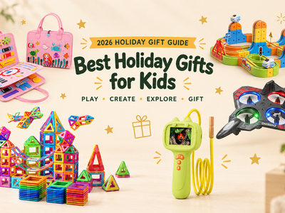 Best holiday gifts for kids in 2026 featuring Infinity Racer Magnetic Train, Magnetic Magna Tiles, Little Learners Montessori Busy Book, Kids Digital Microscope Camera and LED Foam Drone.