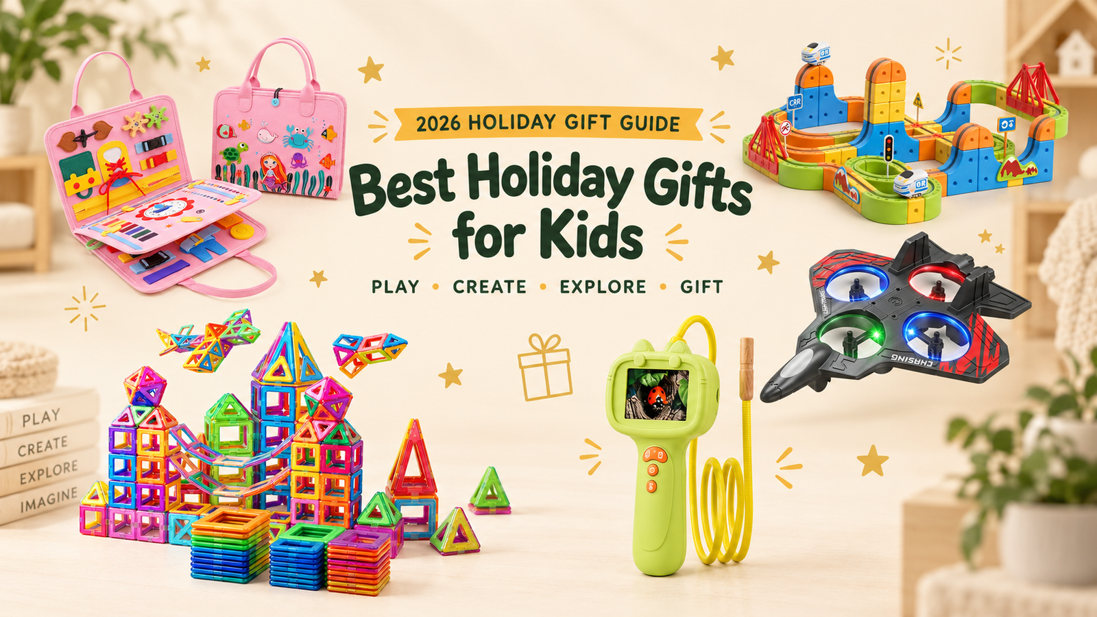 Best holiday gifts for kids in 2026 featuring Infinity Racer Magnetic Train, Magnetic Magna Tiles, Little Learners Montessori Busy Book, Kids Digital Microscope Camera and LED Foam Drone.