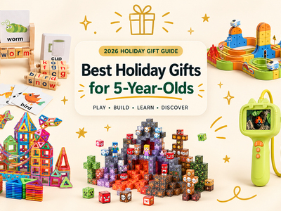 Best holiday gifts for 5-year-olds in 2026 featuring Infinity Racer Magnetic Train, Magnetic Magna Tiles, Lava Dominion Magnetic Blocks, Kids Digital Microscope Camera and Montessori Wooden Spelling Game.