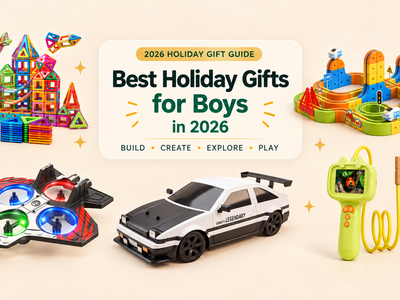 Best holiday gifts for boys in 2026 featuring Infinity Racer Magnetic Train, RC Drift Racing Car, LED Foam Drone, Kids Digital Microscope Camera and Magnetic Magna Tiles.