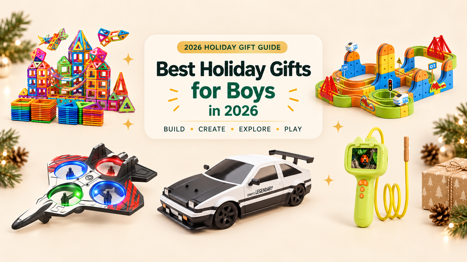 Best holiday gifts for boys in 2026 featuring Infinity Racer Magnetic Train, RC Drift Racing Car, LED Foam Drone, Kids Digital Microscope Camera and Magnetic Magna Tiles.