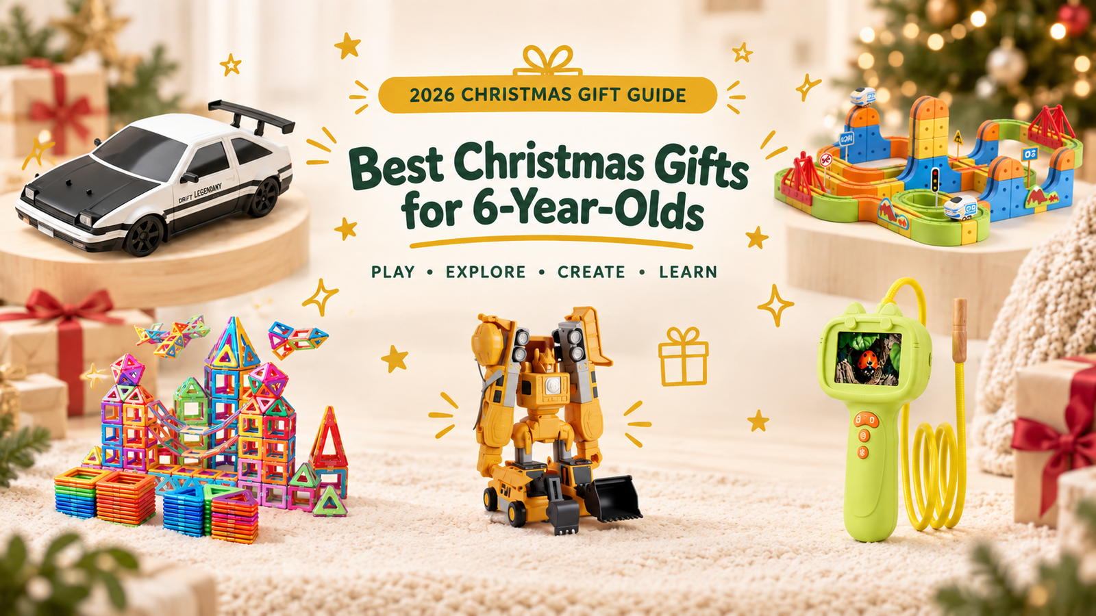 Best Christmas gifts for 6-year-olds in 2026 featuring an RC drift car, magnetic building toys and a kids microscope
