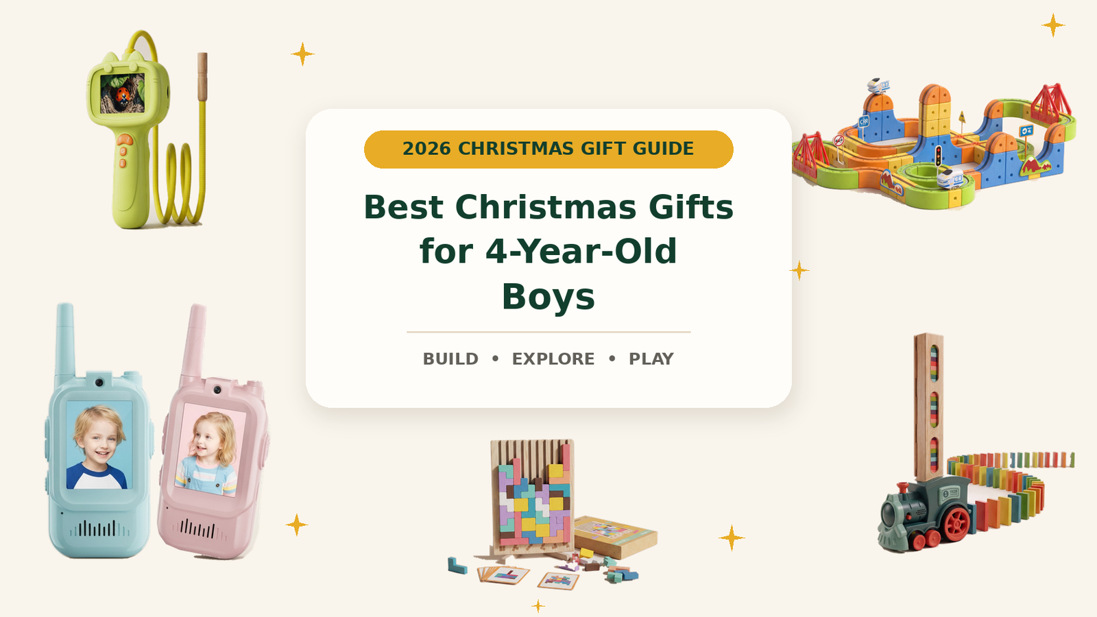 Christmas gifts for four-year-old boys featuring Infinity Racer, a digital microscope, walkie talkies, Domino Train Builder and Wooden Tetris