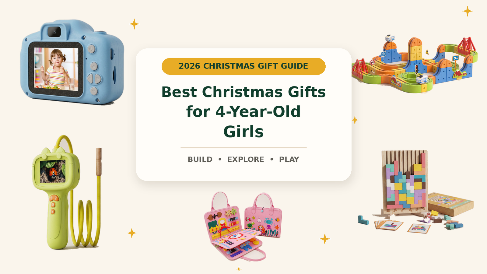 Christmas gifts for four-year-old girls featuring Infinity Racer, a digital camera, a digital microscope, Wooden Tetris and Little Learners Busy Book