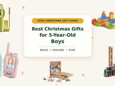 Christmas gifts for five-year-old boys featuring Infinity Racer, a digital microscope, walkie talkies, Domino Train Builder and Wooden Tetris