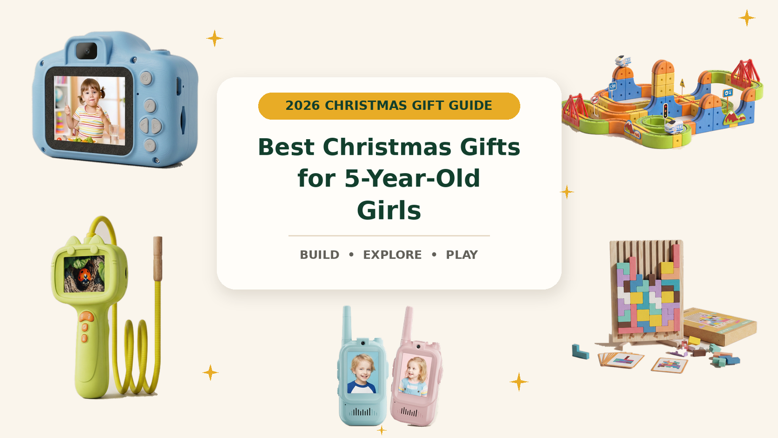 Christmas gifts for five-year-old girls featuring Infinity Racer, a digital camera, a digital microscope, walkie talkies and Wooden Tetris