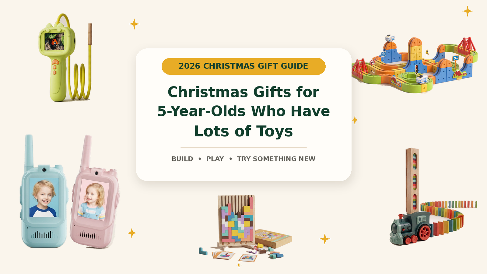Christmas gifts for five-year-olds featuring Infinity Racer, a digital microscope, walkie talkies, Domino Train Builder and Wooden Tetris