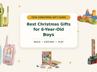 Christmas gifts for six-year-old boys featuring Infinity Racer, a digital microscope, walkie talkies, Domino Train Builder and Wooden Tetris