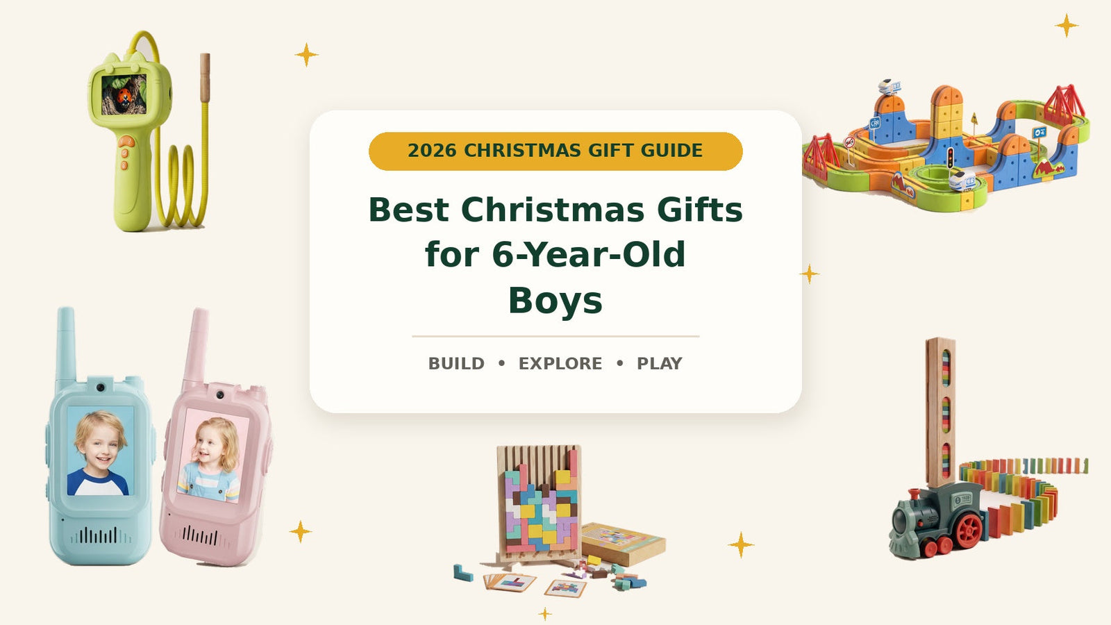 Christmas gifts for six-year-old boys featuring Infinity Racer, a digital microscope, walkie talkies, Domino Train Builder and Wooden Tetris