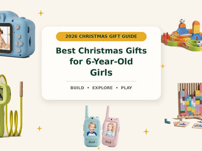 Christmas gifts for six-year-old girls featuring Infinity Racer, a digital camera, a digital microscope, walkie talkies and Wooden Tetris