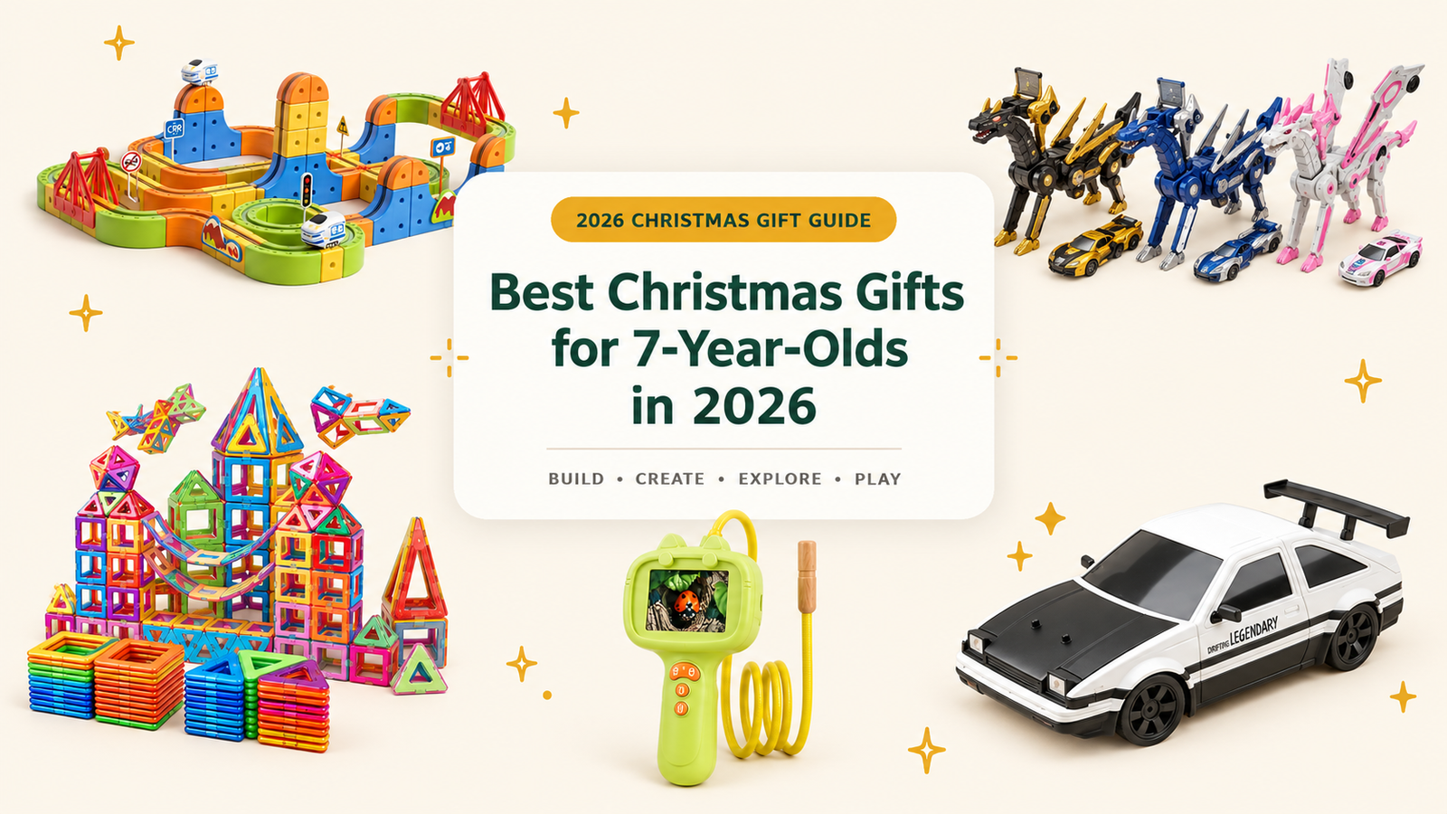 Best Christmas gifts for 7-year-olds in 2026 featuring an RC drift car, magnetic building toys, a kids microscope and transforming dragons