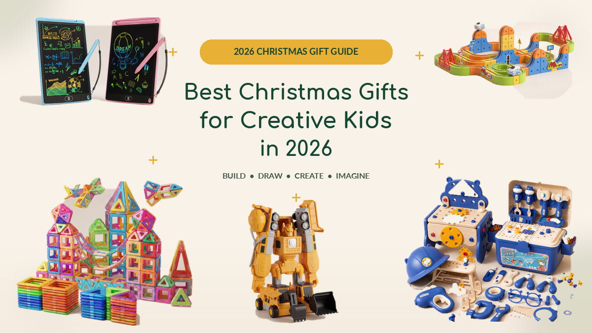 Best Christmas gifts for creative kids in 2026 featuring Infinity Racer, magnetic building toys, a drawing tablet, MagnaBot and a kids tool set