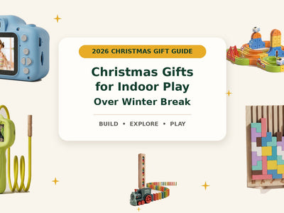Indoor Christmas play gifts featuring Infinity Racer, Wooden Tetris, a digital microscope, Domino Train Builder and a kids digital camera