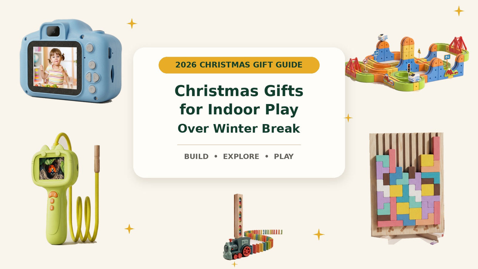 Indoor Christmas play gifts featuring Infinity Racer, Wooden Tetris, a digital microscope, Domino Train Builder and a kids digital camera