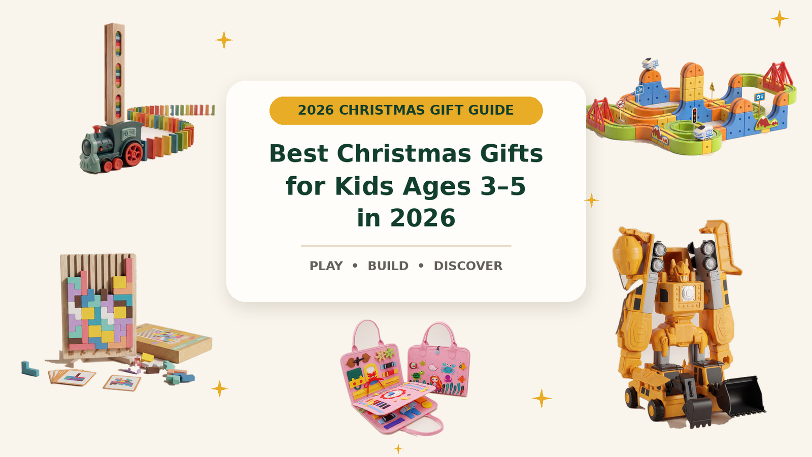 Christmas gifts for ages 3 to 5 featuring Infinity Racer, Domino Train Builder, Wooden Tetris, Little Learners Busy Book and MagnaBot Builders