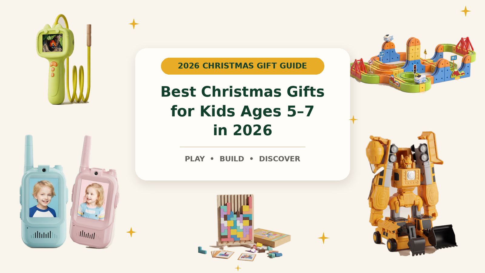Christmas gifts for ages 5 to 7 featuring Infinity Racer, a digital microscope, walkie talkies, MagnaBot Builders and Wooden Tetris