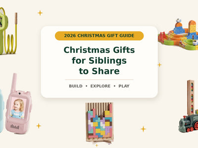 Christmas gifts for siblings featuring Infinity Racer, video walkie-talkies, Domino Train Builder, a digital microscope and Wooden Tetris