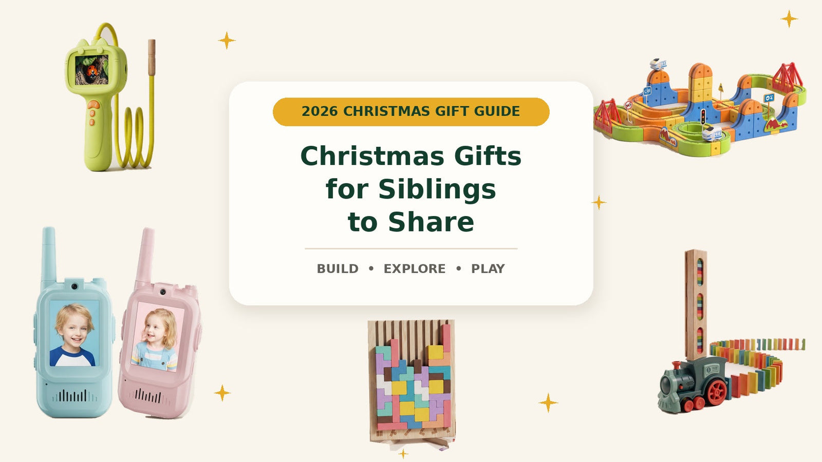 Christmas gifts for siblings featuring Infinity Racer, video walkie-talkies, Domino Train Builder, a digital microscope and Wooden Tetris