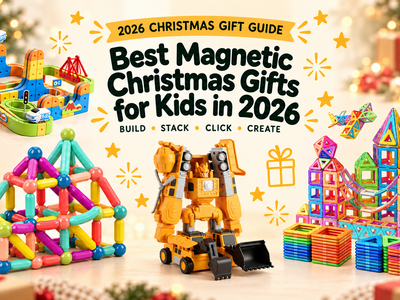2026 Christmas gift guide banner showing the Infinity Racer Magnetic Train, Magnetic Stick Building Blocks, MagnaBot Builders and Magnetic Magna Tiles on a festive Christmas background with the headline Best Magnetic Christmas Gifts for Kids in 2026.