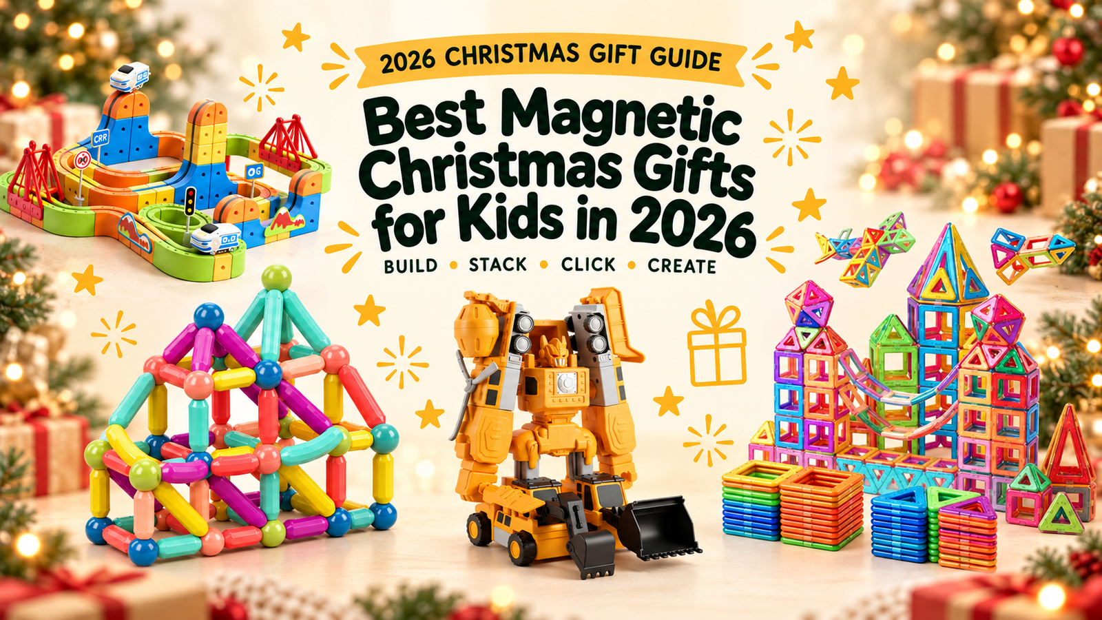 2026 Christmas gift guide banner showing the Infinity Racer Magnetic Train, Magnetic Stick Building Blocks, MagnaBot Builders and Magnetic Magna Tiles on a festive Christmas background with the headline Best Magnetic Christmas Gifts for Kids in 2026.
