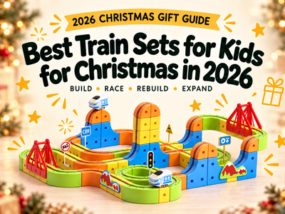 2026 Christmas gift guide banner showing the Infinity Racer Magnetic Train on a festive Christmas background with the headline Best Train Sets for Kids for Christmas in 2026.