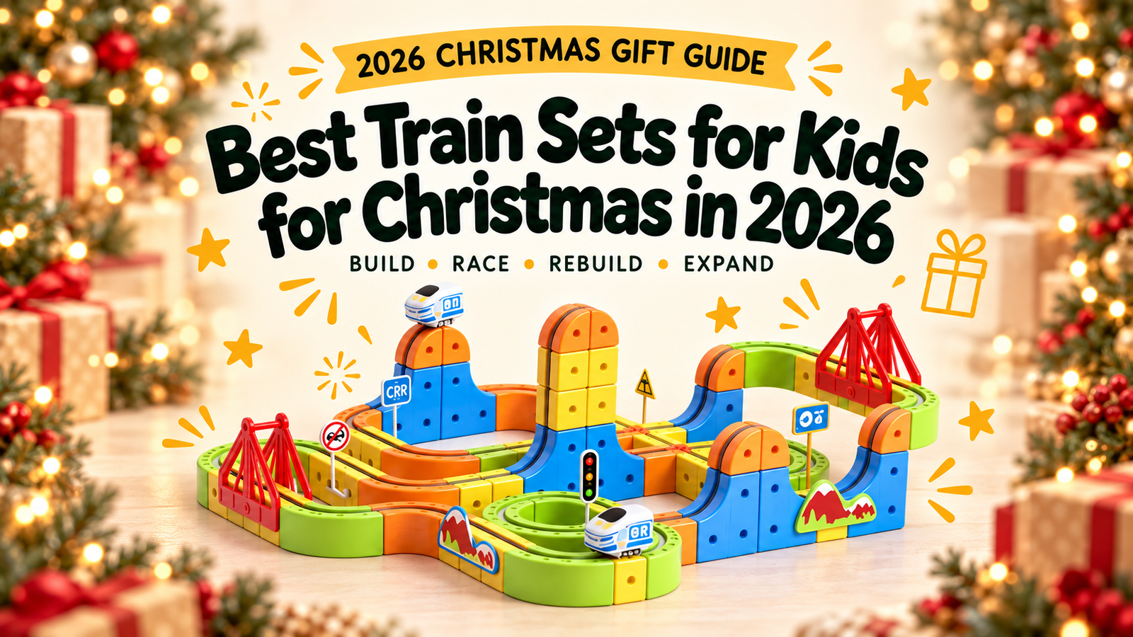 2026 Christmas gift guide banner showing the Infinity Racer Magnetic Train on a festive Christmas background with the headline Best Train Sets for Kids for Christmas in 2026.