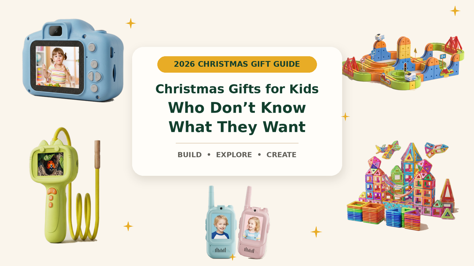 2026 Christmas gift guide featuring Infinity Racer, a digital microscope, kids camera, walkie talkies and magnetic tiles