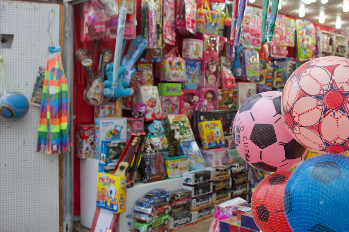 assorted toys displayed in a store