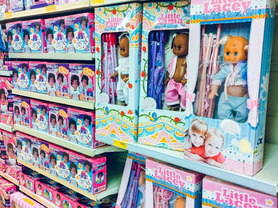 a shelf of toys